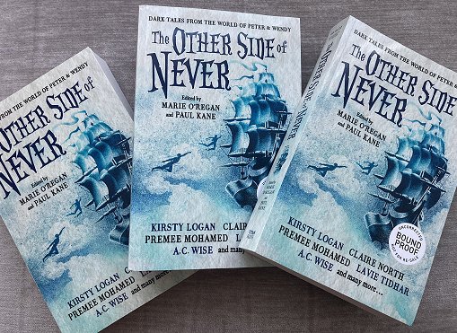 Display of three copies of The Other Side of Never, edited by Marie O'Regan and Paul Kane
