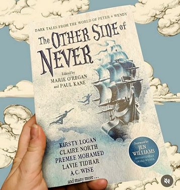 photograph showing a hand holding a copy of The Other Side of Never, edited by Marie O'Regan and Paul Kane, in front of a background of blue wallpaper decorated with white clouds