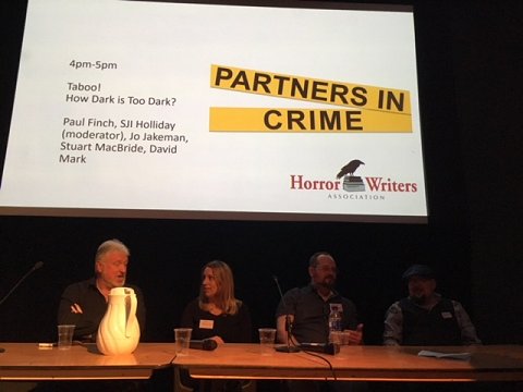 Partners in Crime Event. Taboo! Panel. L to R: Paul Finch, Jo Jakeman, Stuart MacBride and David Mark