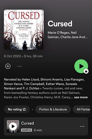 screenshot of Spotify audio listing for Cursed, edited by Marie O'Regan and Paul Kane