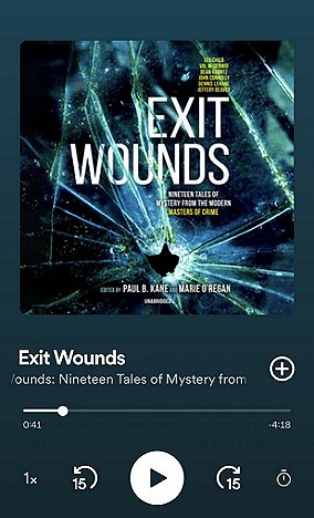 screenshot of Spotify audio listing for Exit Wounds, edited by Marie O'Regan and Paul Kane