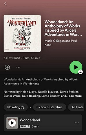 screenshot of Spotify audio listing for Wonderland, edited by Marie O'Regan and Paul Kane