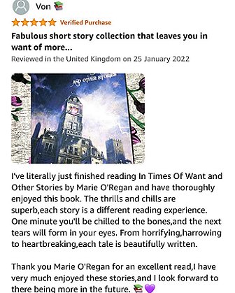 Screenshot: Five-star Amazon review for In Times of Want and Other Stories by Marie O'Regan