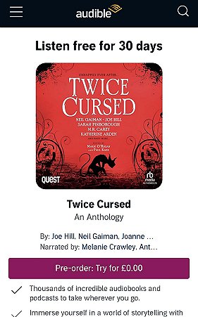 screenshot from audible.com cover of Twice Cursed, edited by Marie O'Regan and Paul Kane. Listen free for 30 days