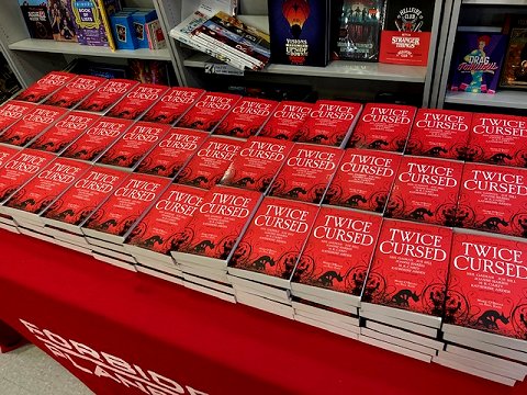 Display of multiple copies of Twice Cursed, edited by Marie O'Regan and Paul Kane