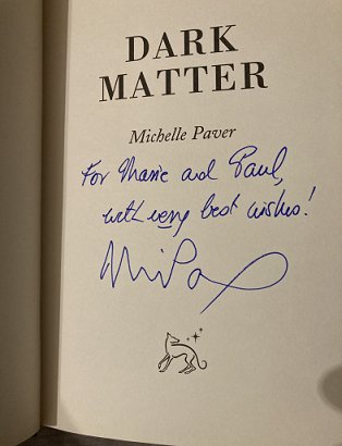 Signed title page of Dark Matter by Michelle Paver