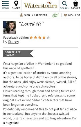 Screenshot: Waterstones site bookseller four star review of Wonderland, edited by Marie O'Regan and Paul Kane
