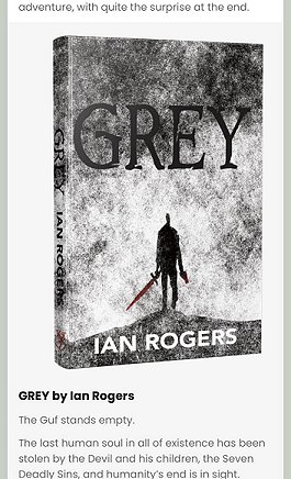 screenshot of the PS Publishing WOrldCon newsletter, featuring GREY by Ian Rogers