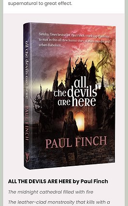 screenshot of the PS Publishing WorldCon newsletter, featuring ALL THE DEVILS ARE HERE by Paul Finch