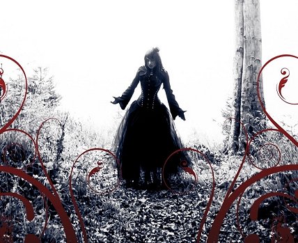 black and white drawing of a witch in a long dress, standing in a forest. Red creepers in the foreground