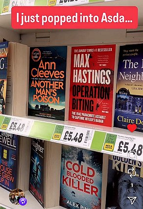 screenshot showing a copy of bookshelves in Asda. Text at top reads: I just popped into Asda...