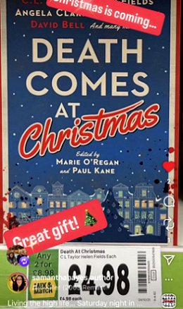 screenshot showing a copy of Death Comes at Christmas, edited by Marie O'Regan and Paul Kane, price below reads £4.98. Text at top reads 'Christmas is coming..' at bottom it reads: 'Great gift! with a Christmas tree emoji'
