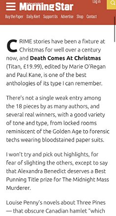 screenshot of Morning Star's review of Death Comes at Christmas, edited by Marie O'Regan and Paul Kane. 'One of the best anthologies of its type I can remember'