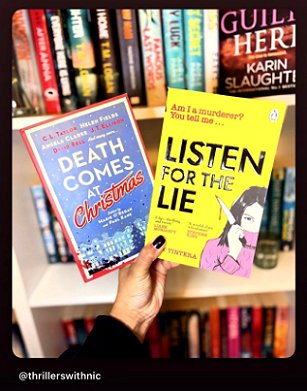 image showing a hand with black nail varnish holding a copy of Death Comes at Christmas, edited by Marie O'Regan and Paul Kane, and a copy of Listen for the Lie, up against full bookshelves