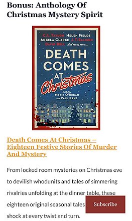 screenshot from viewsshewrites.com. Title: Bonus: Anthology of Christmas Mystery Spirit. Below that is an image of the cover for Death Comes at Christmas, edited by Marie O'Regan and Paul Kane. Text under that reads: Death Comes at Christmas - Eighteen Festive Stories of Murder and Mystery. From locked room mysteries on Christmas eve to devilish whodunits and tales of simmering rivalries unfolding a the dinner thable, these eighteen original seasonal tales shock at every twist and turn.