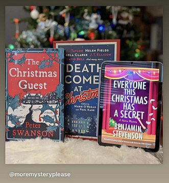 display of three standing Christmas mysteries on a cream cloth in front of a Christmas tree. Titles are: The Christmas Guest, by Peter Swanson; Everyone This Christmas Has a Secret by Benjamin Stevenson, and Death Comes at Christmas, edited by Marie O'Regan and Paul Kane