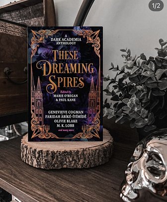 photograph of a copy of These Dreaming Spires, edited by Marie O'Regan and Paul Kane, standing on a cutout from a log on a wooden surface. To the right is a silver skull ornament and a plant with small silver-grey leaves