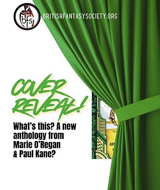 image showing a green curtain tied back at the right of a banner image. Peeking out is the cover of Land of Oz, edited by Marie O'Regan and Paul Kane. Text on the left reads: COVER REVEAL! What's this? A new anthology from Marie O'Regan & Paul Kane?