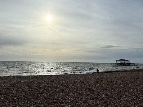 photograph of the sea showing the remains of the old Brighton Pier