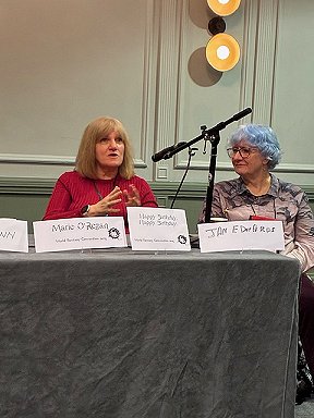 L to R: Marie O'Regan and Jan Edwards on the '50 Years of FantasyCon Happy Birthday panel'