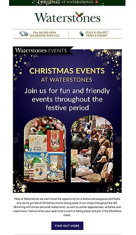 screenshot from waterstones.com - poster for Christmas Events at Waterstones. Text reads: Join us for fun and friendly events throughout the festive period